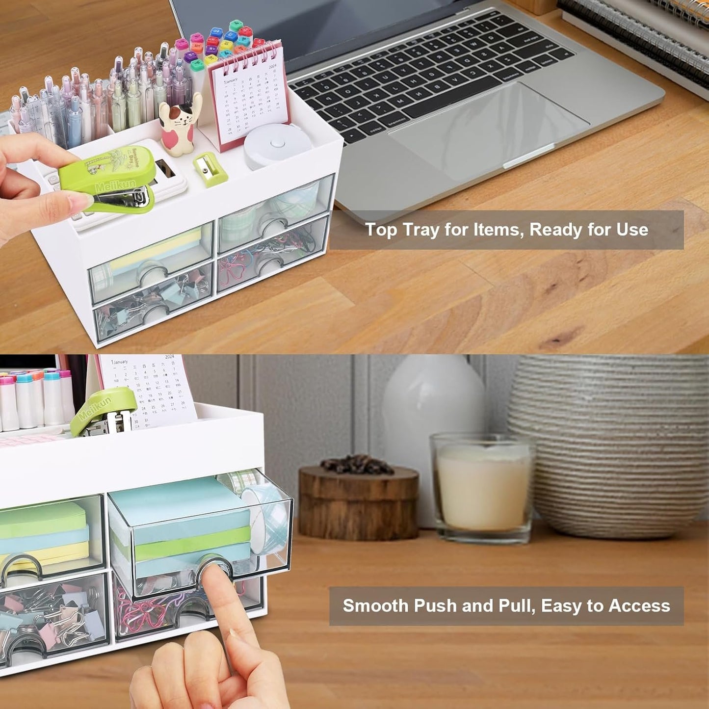 Meiikun Desk Organizer and Accessories, Plastic Stationery Storage Box with 4 Drawers, 3 Compartments & a Top Tray, Bathroom Organizers Makeup Brush Holder for Women, 21 cm x 14.2 cm x 12.2 cm (White)