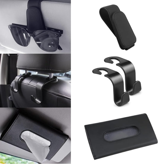 Car Accessories Interior, 4 Pack Car Accessories Include 1 Car Tissue Holder, 1 Car Sunglasses Holder, 2 Car Seat Headrest Hook, Christmas Automotive Car Essentials for Car Sun Visor ï¼ˆBlackï¼‰