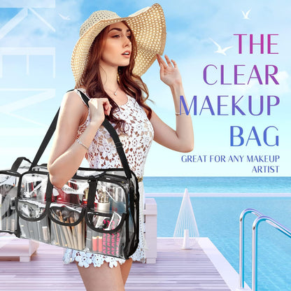 Kemier Transparent Travel Beauty Case with 6 External Pockets Large Cosmetic Organizer with Shoulder Strap