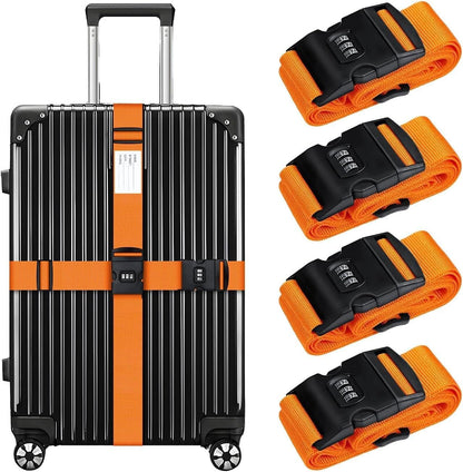 4 Pack Luggage Straps with Combination Lock and Name ID Card, 2M Adjustable Belts Keep Suitcase Secure While Traveling, Luggage Accessories to Secure Bag Cargo Safe Quick-Release (Orange)