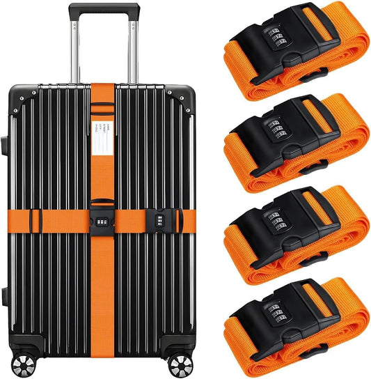4 Pack Luggage Straps with Combination Lock and Name ID Card, 2M Adjustable Belts Keep Suitcase Secure While Traveling, Luggage Accessories to Secure Bag Cargo Safe Quick-Release (Orange)