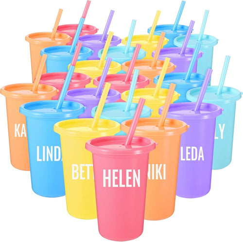 Nuanchu Bulk Tumbler with Lid and Straw 14oz Plastic Cups for Adult Reusable Coffee Drinking Cup Set Water Travel Bottle Mug with Sheets Letter Stickers for Party(Macaron Colors,24 Pcs)