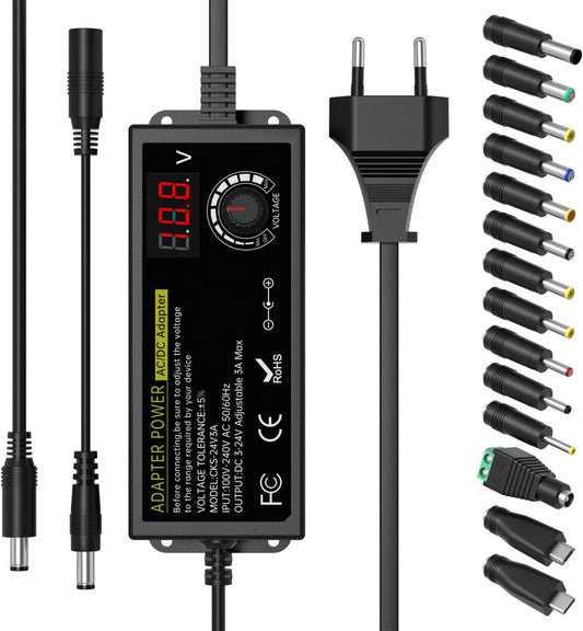 Binamao Adjustable Power Adapter 3 V-24 V 3 A 72 W Universal Adapter with 14 Tips and Polarity Converter for Electronics 3 V-24 V DC Motor DVD Universal Power Supply AC/DC 100 V-240 V