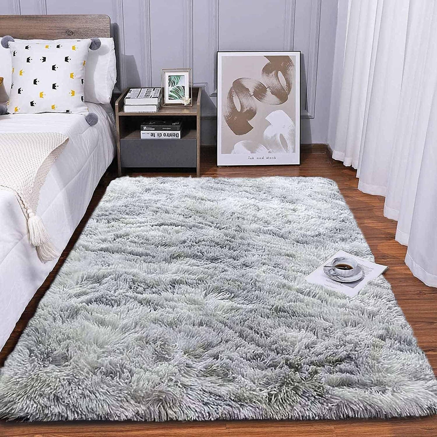 Rugs Living Room Fluffy Area Rug for Bedroom Shaggy Carpet Anti Slip Rugs Soft Modern Plush Carpets Suitable for Home Decor (Grey White, 4 * 5.5ft(120 * 170cm))