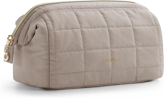 BAGSMART Makeup Bag Travel Cosmetic Bag, Puffy Padded Make Up Bags for Women Makeup Organizer Case, Wide-open Pouch Purse Travel Essentials Toiletries Accessories Brushes, I-Camel, A-M