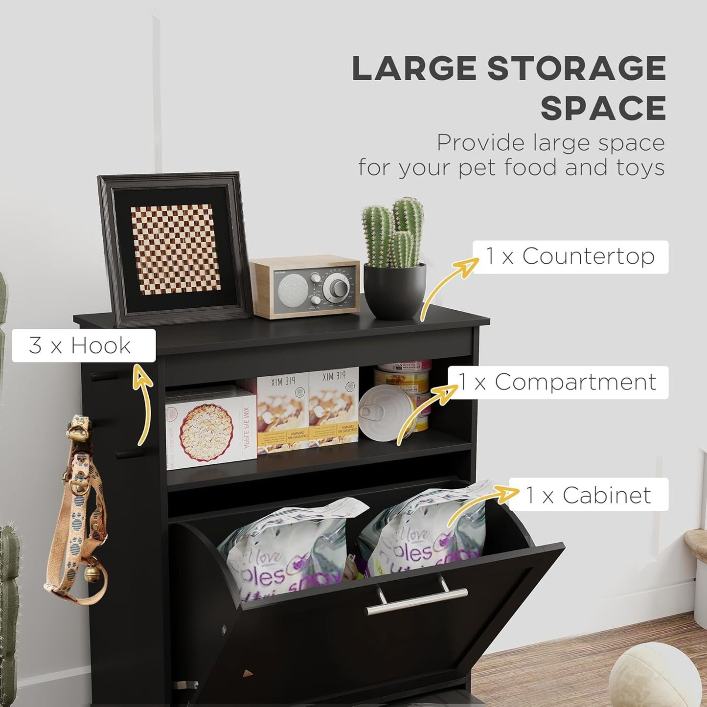 PawHut Cat Dog Feeding Station, Dog Food Storage Cabinet, Pet Feeder Container with Raised Bowls and Hanger for Feeding & Watering Supplies, Black