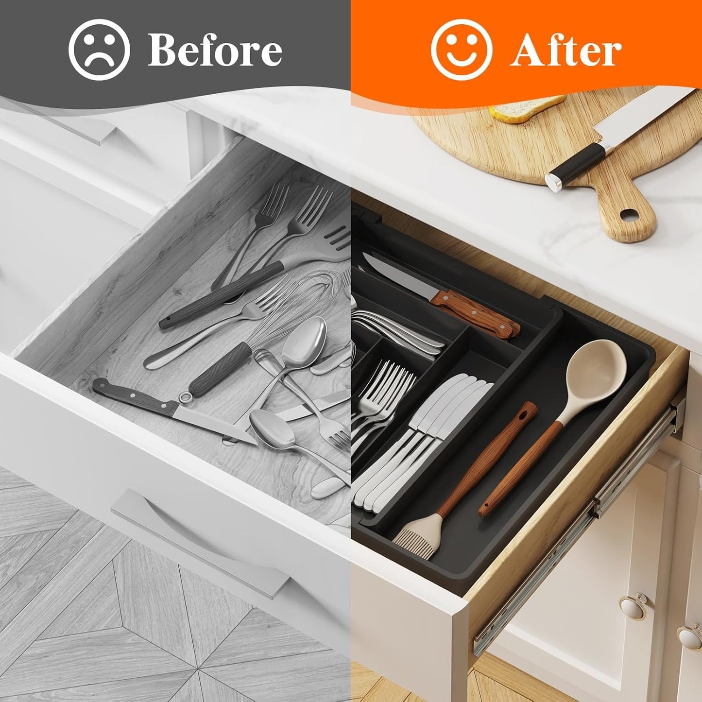 Lifewit Expandable Silverware Drawer Organizer, 22.4 x 16.7 x 2 inches, Adjustable Utensil Cutlery Tray for kitchen, Plastic Flatware Spoon Fork Knives Holder Storage Divider,1 Pack, Black