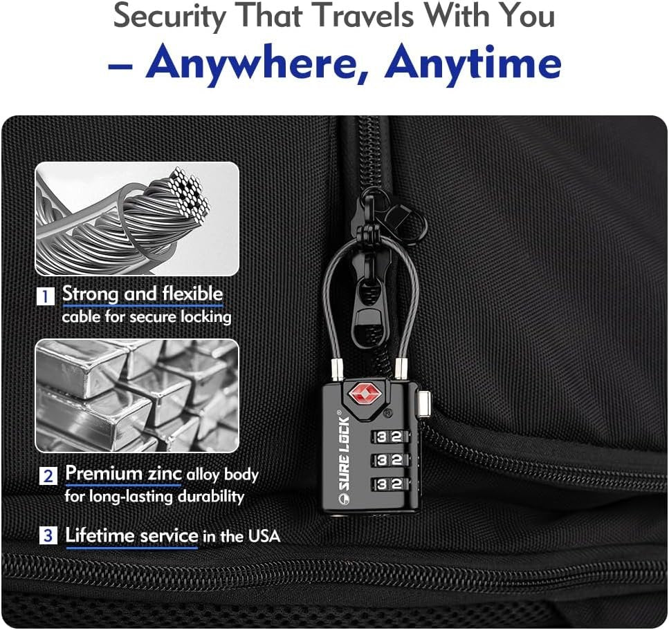 SURE LOCK TSA Compatible Travel Luggage Locks, Inspection Indicator, Easy Read Dials TSA Approved with Zinc Alloy, BLACK 4 PACK, earnest