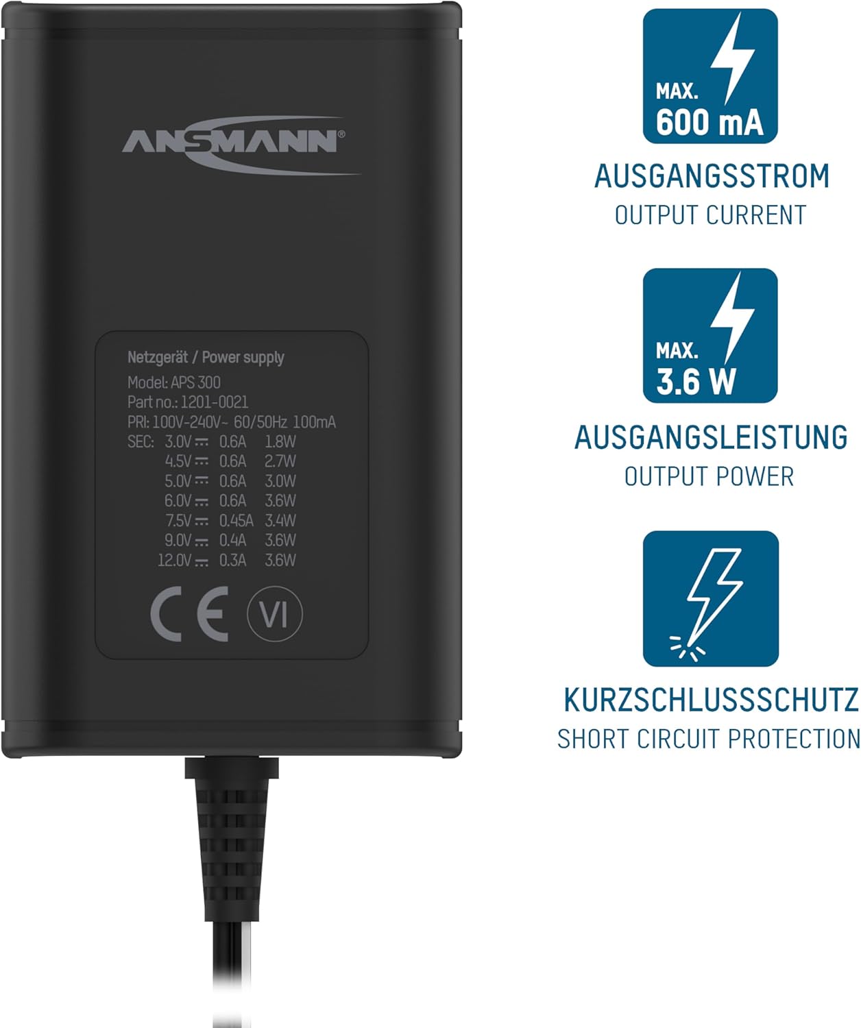 ANSMANN Universal Power Supply 7 Pin APS 300 3-12V - Charger for Electronic Devices Interchangeable Connectors 300mA Adjustable Voltage