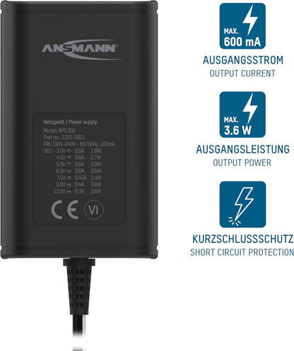ANSMANN Universal Power Supply 7 Pin APS 300 3-12V - Charger for Electronic Devices Interchangeable Connectors 300mA Adjustable Voltage