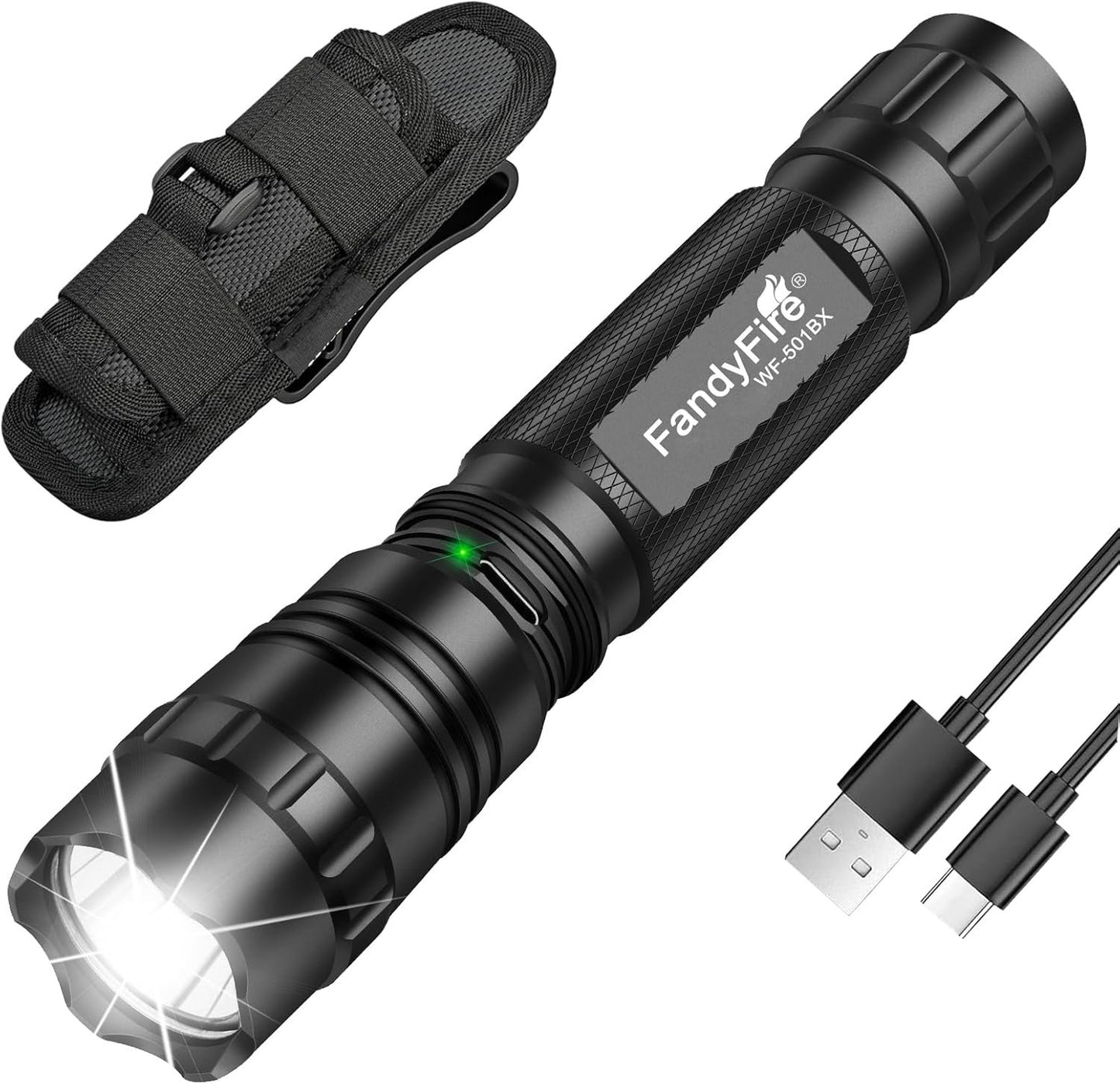 FandyFire 1000 Lumen Rechargeable Duty Belt Flashlight with Holster, 3 Modes for Police Security & Law Enforcement Gear 501BX