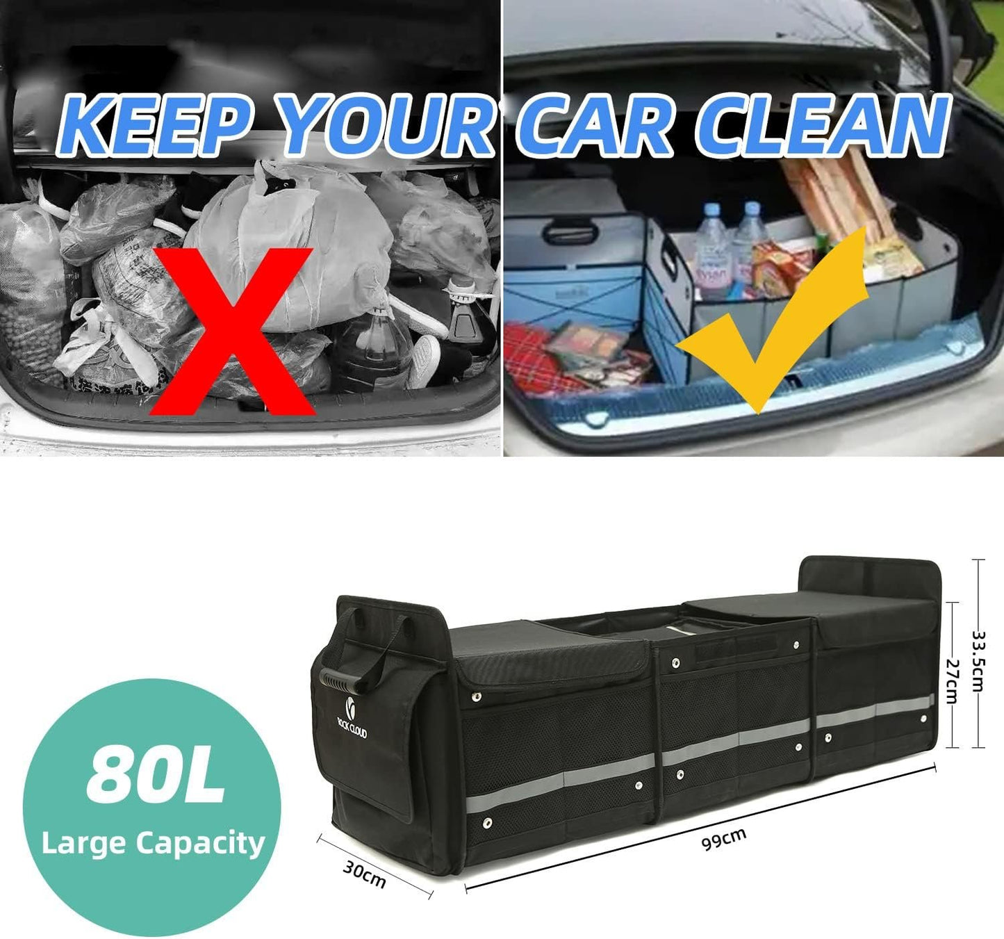Rock Cloud Car Trunk Organizer (80L) Automotive boot bags Waterproof Foldable Cover Multi Compartment Expandableï¼ˆwith Insulated Leakproof Cooler Bag + 2mm PE Boardï¼‰