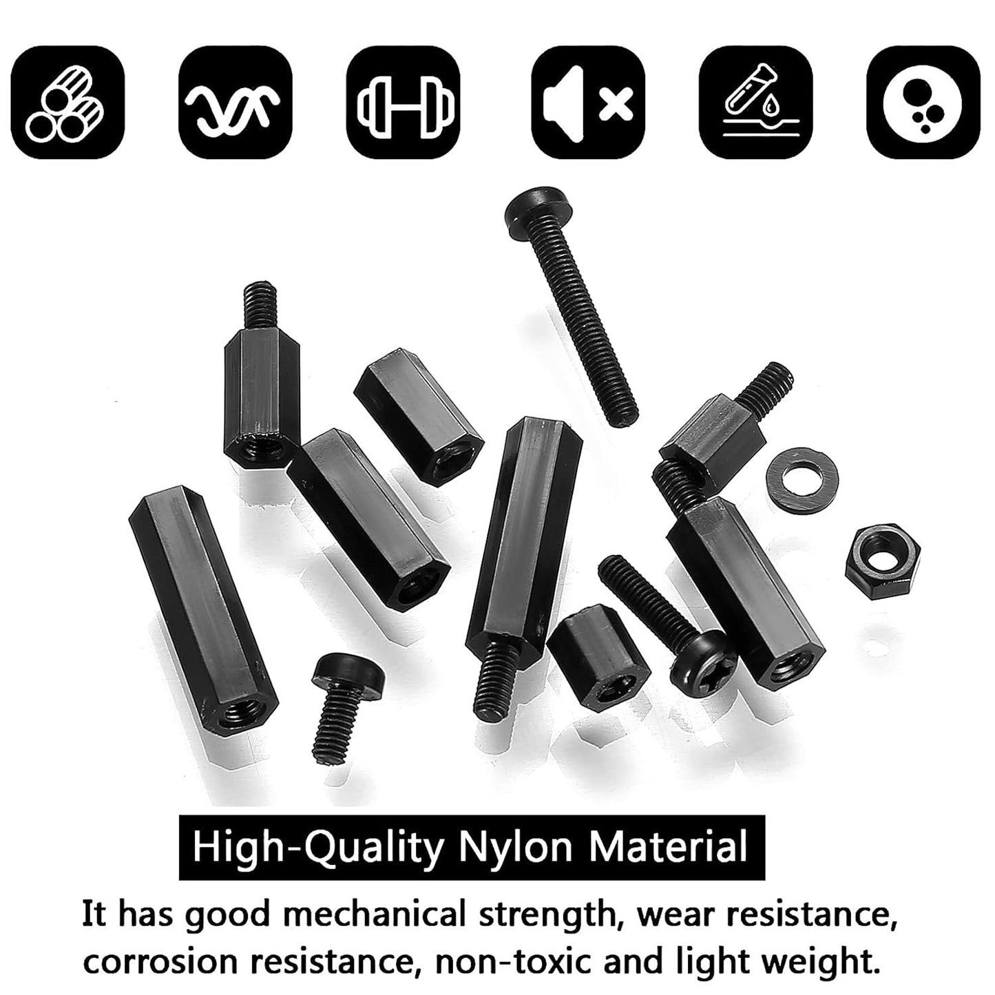 Ewwtrey 260 Pcs M3 Nylon Hex Screws Nut Circuit Spacers, Male Female Screws Standoff Nuts Threaded Pillar PCB Motherboard Circuit Board Machine Cylinder Spacers Kit - Black