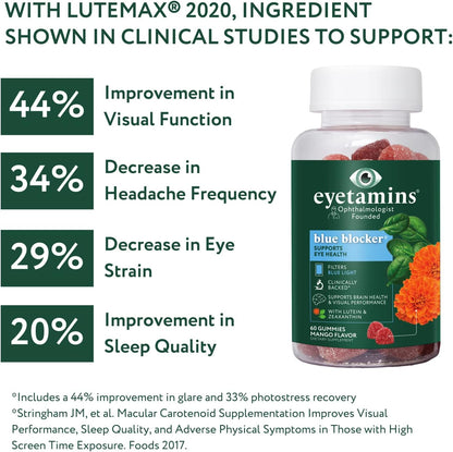 Eyetamins Blue Blocker® Eye Health - 60 Lutein Gummies - Ophthalmologist-Developed - Support Vision, Filter Blue Light & Help Eye Strain - Promotes Sleep, Focus Eyesight – Vegan & Non-GMO Formula