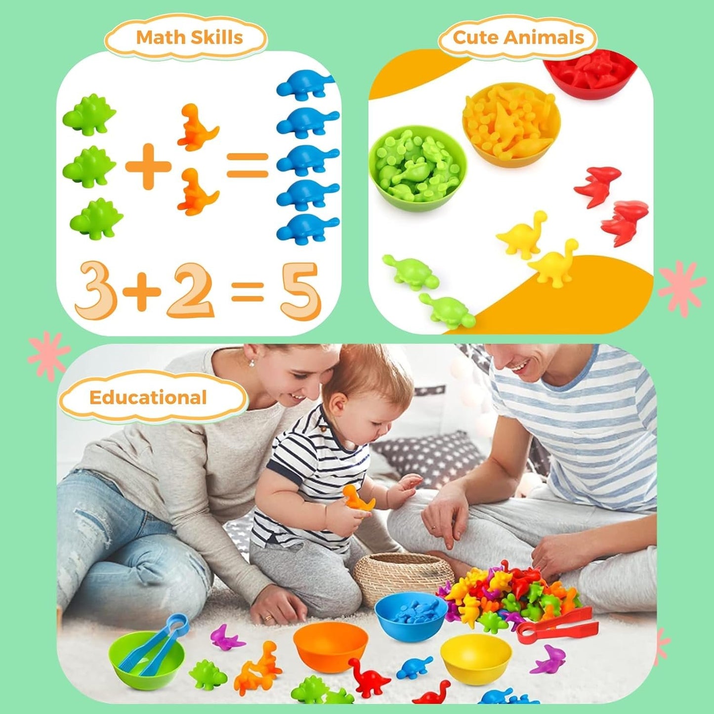 56 Pcs Counting Dinosaurs Toys Matching Game for Kids, JOMWEN Sorting Stacking Toys with Bowls, Montessori STEM Set, Early Learning Preschool Learning, Sensory Toy for Age 3 4 5 6+ Toddler Boys Girls