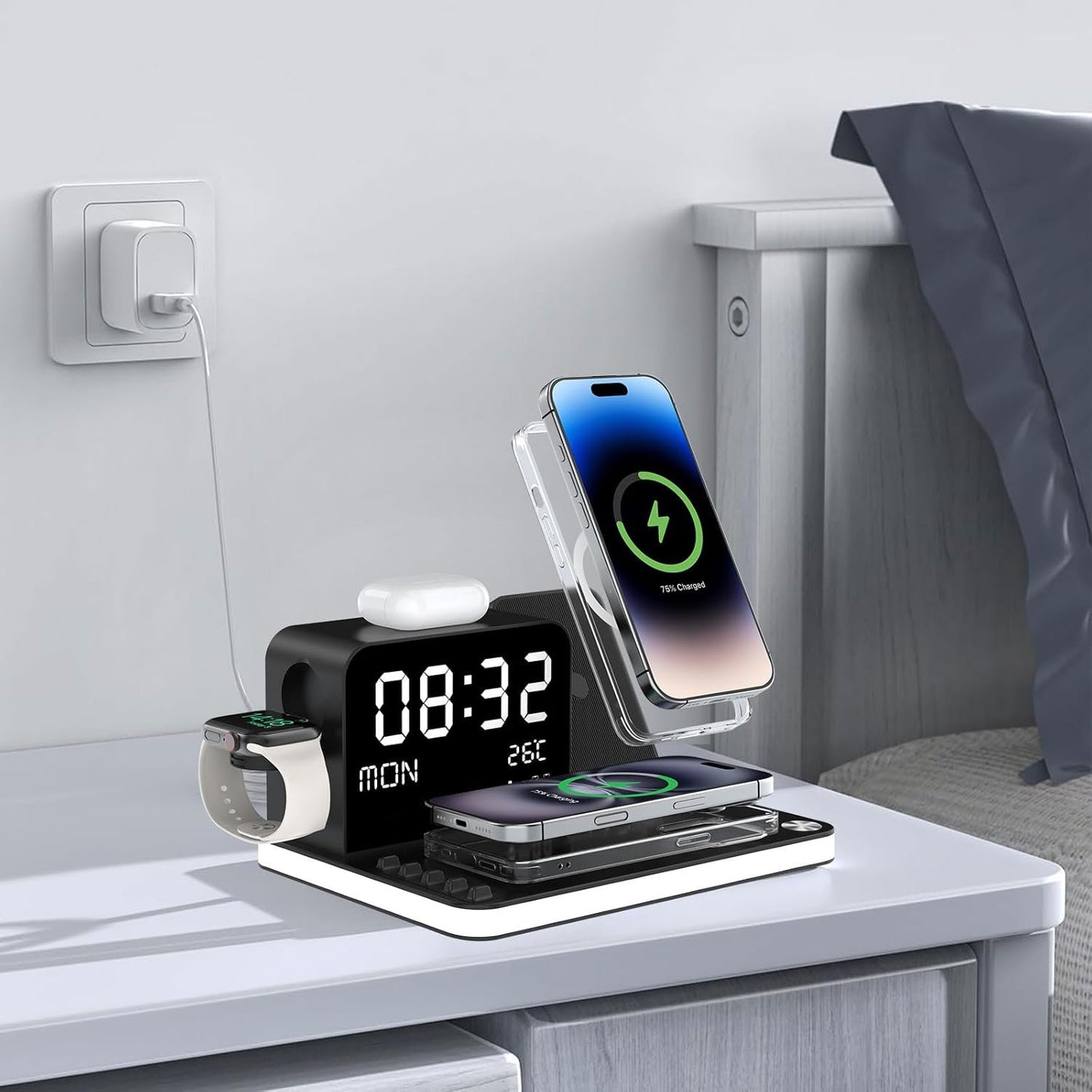 7 in 1 Wireless Charging Station, Fast Charger Station with Dual Phone, Bluetooth TimeSync, Temperature, Touch Night Light,33W Adapter for Phone 16/15/14/13/12 All Series & iWatch
