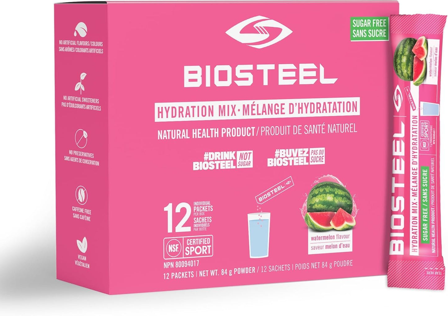 BioSteel Hydration Mix, Proudly Canadian - Great Tasting Hydration with Zero Sugar, and No Artificial Flavours or Preservatives, Watermelon Flavour, 12 Single Serving Packets