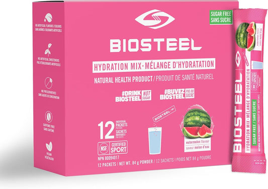 BioSteel Hydration Mix, Proudly Canadian - Great Tasting Hydration with Zero Sugar, and No Artificial Flavours or Preservatives, Watermelon Flavour, 12 Single Serving Packets
