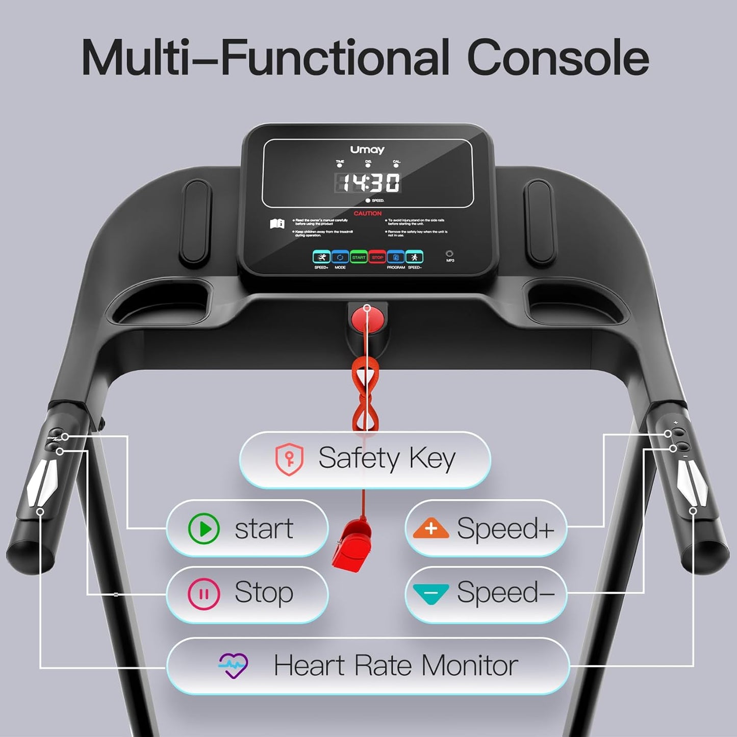 Umay - Folding Electric Treadmill 14km/h, 3.0HP/2200W with Heart Rate Monitor, APP and Speaker, Silent Walking Mat with 12 Programs, Max Load 136kg