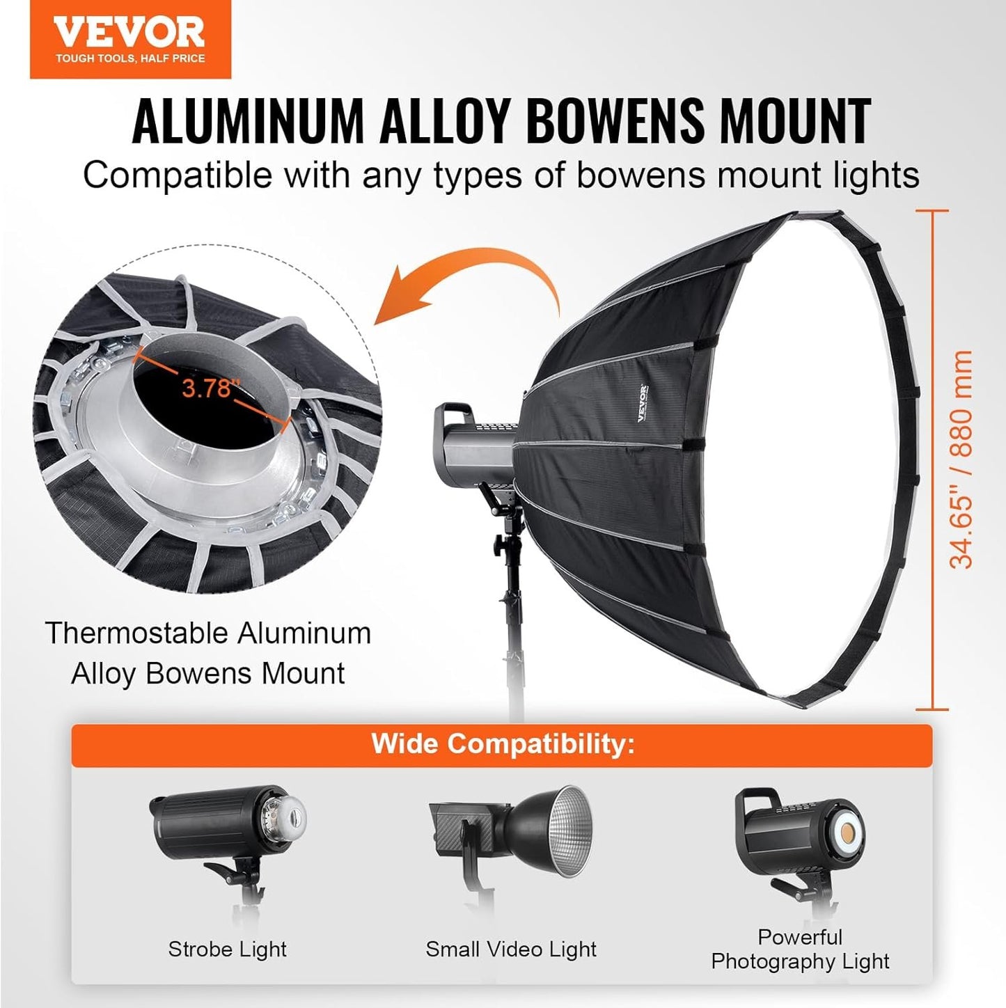 VEVOR Parabolic Softbox, 33 in / 850 mm, Quick Release and Quick Fold, Lightweight and Portable, Universal Bowens Mount, 4 Lighting Effects, Fits for Professionoal Photography, Daily Filming