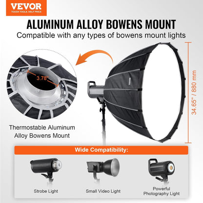 VEVOR Parabolic Softbox, 33 in / 850 mm, Quick Release and Quick Fold, Lightweight and Portable, Universal Bowens Mount, 4 Lighting Effects, Fits for Professionoal Photography, Daily Filming