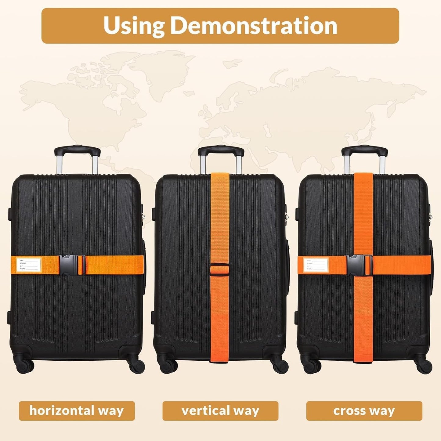 4 Pack Luggage Straps, 2M Adjustable Belts Keep Suitcase Secure While Traveling, with Name ID Card, Luggage Accessories to Secure Bag Cargo Safe Quick-Release (Orange)