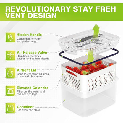 Fruit Storage Containers For Fridge, 5 Pack Leakproof Food Storage Containers with Removable Colander & Microwave Safe Fridge Organizer, Multi-Size Capacity with Lid & Colander for Home Kitchen