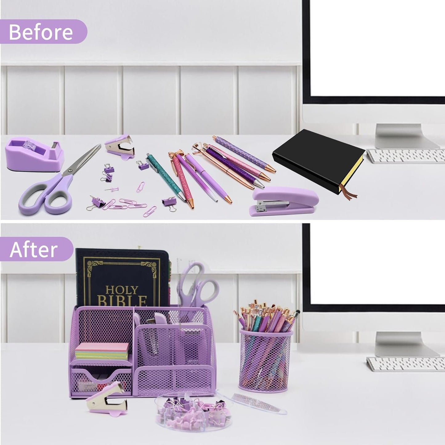 12 in 1 Purple Desk Organizers and Accessories Set, Gifts for Coworkers, Office Supplies, Stapler, Pen Holder, Tape Holder, Staples, Scissors