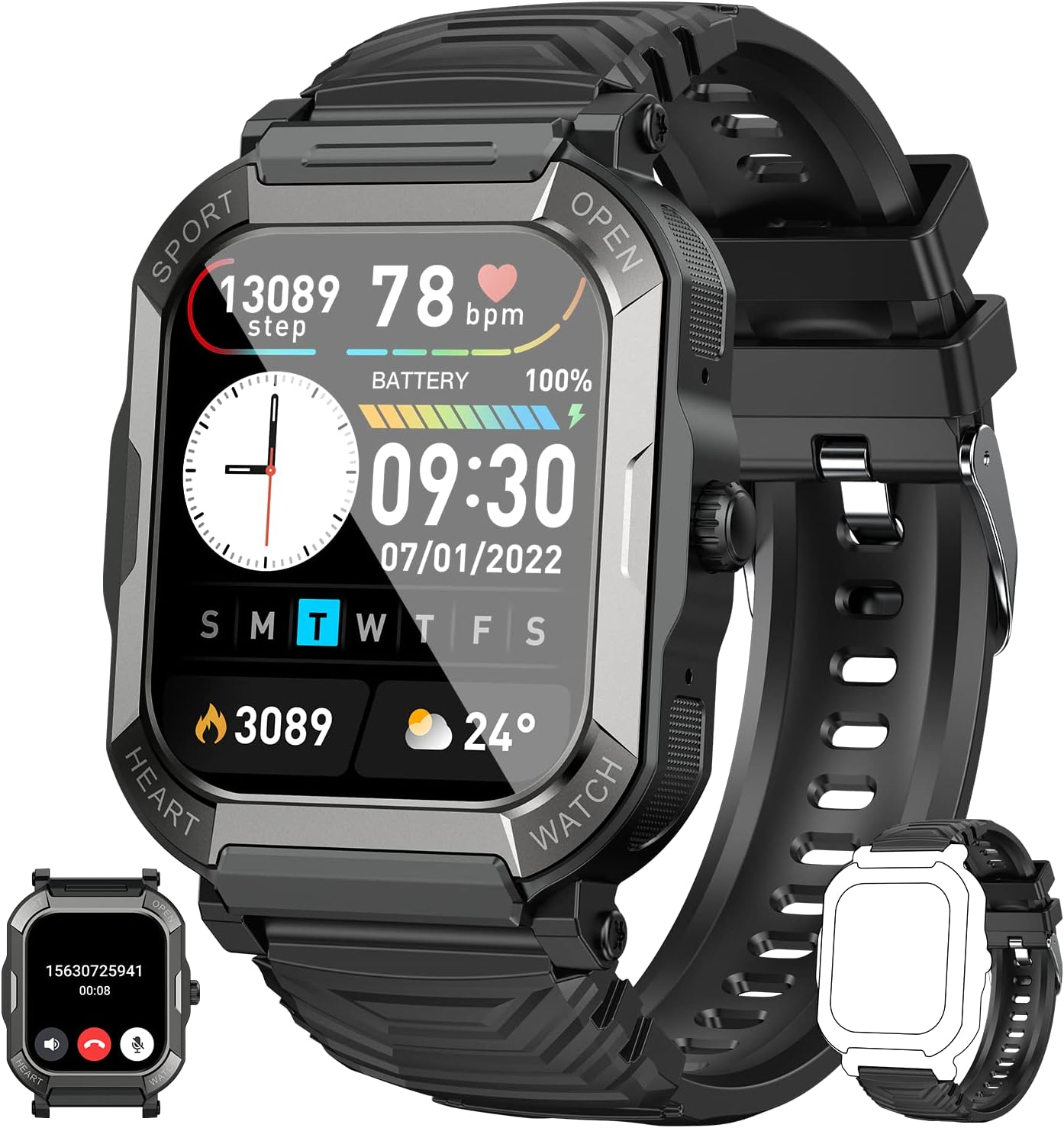 Waterproof Men's Fitness Watch Smartwatch: Bluetooth Calling and Hands-Free Response Military Smart Watch Tracker Heart Rate Monitor Pedometer Blood Pressure Calorie Sports for Android iOS