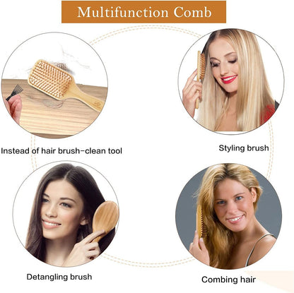 Hair Brush, 100% Natural Wooden Bamboo Air Cushion Comb, Sensitive Scalp Anti-Static Detangling Tools for Scalp Massage, Smooth Glide & Pain-Free Styling Curly/Straight/Thick Hair (Square)