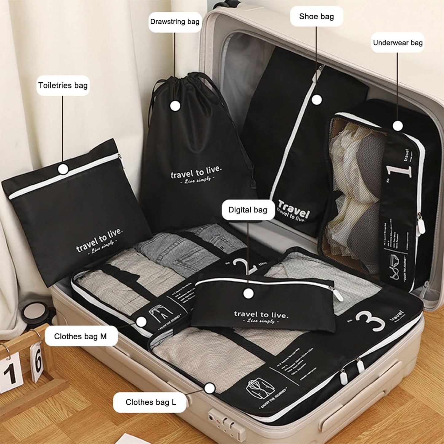 Packing Cubes Compression Suitcase Organizer with Zipper, Set of 7, Useful Accessories, Travel Suitcase Set, Black