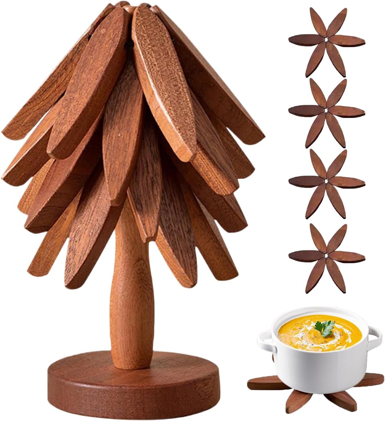 ROXANEPIG Wooden Trivets for Hot Dishes, 4pcs Tree Trivets +1 Stand, Wooden placemat Coaster, Tree Design hot Pot mat, Heat Resistant Folding mat for teapot, pan, Bowl (Black Walnut)