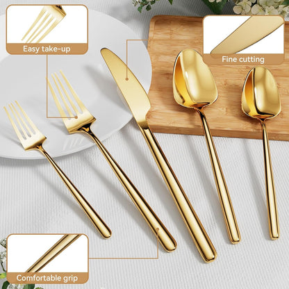 Oval Gold Cutlery Set, 20-Piece Silverware Set, Stainless Steel Flatware, Service for 4, Dishwasher Safe (American Design)