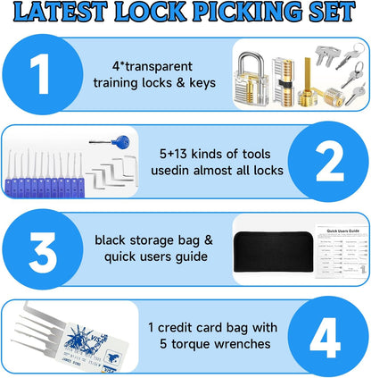 Latest Lock Pick Set, [36 Pcs] Yakiter Premium Lock Picking Kit with 4 Transparent Training Locks, Complete Professional Tools for Beginners & Locksmith Practice (Blue)