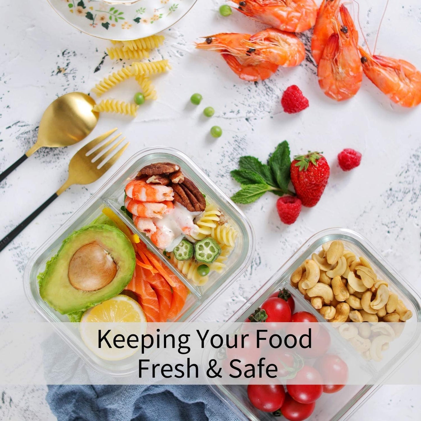 Bayco 10 Pack Glass Meal Prep Containers 2 Compartment, Glass Food Storage Containers with Lids, Airtight Glass Lunch Bento Boxes, Leak Proof (10 lids & 10 Containers)