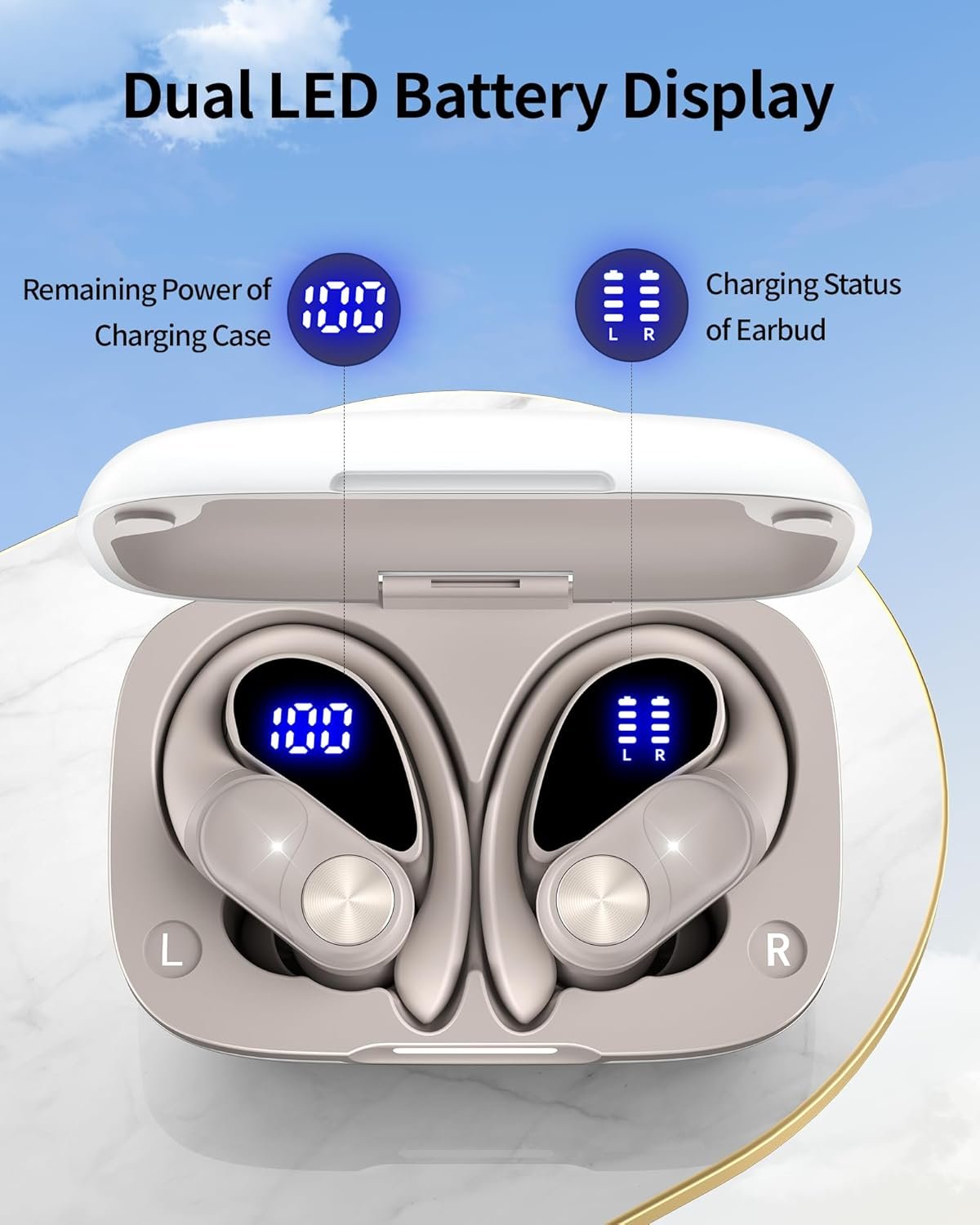 Ear Buds 80hrs Playtime Wireless Earbuds Bluetooth Headphones Wireless Charging Digital Display Sports Earbuds with Earhook Deep Bass IPX7 Waterproof Over-Ear Earphones for TV Phone Laptop Pearl Gray
