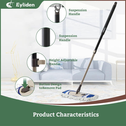 Eyliden Dust Mop with Reusable Washable Pads - One Touch Replacement, Height Adjustable Handle, Total 2 Mop Cloths, Wet Dry Mops for Floor Cleaning, Hardwood, Laminate, Tile Floor Push Dust Broom