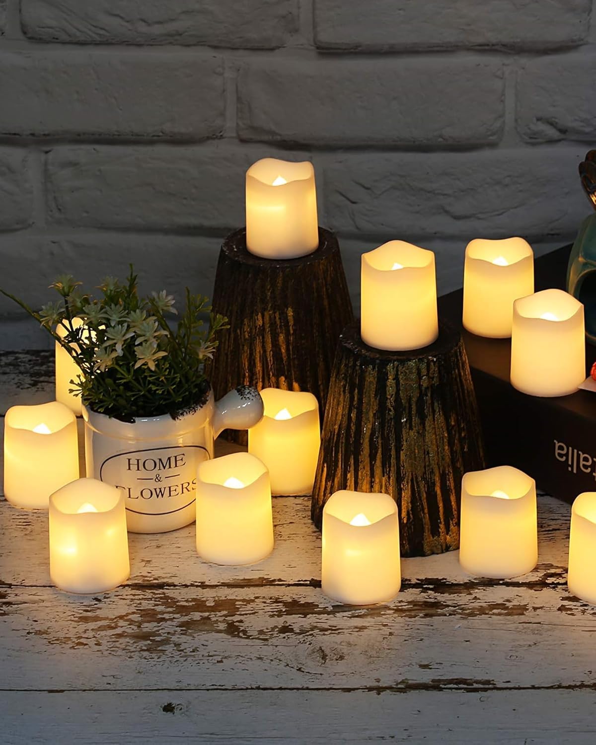 Flameless LED Tea Light CandlesLED Votive CandlesBattery-Operated Realistic Bulk Flickering CandlesElectric Fake Candles in Warm White and Wave OpenIdeal for Wedding Party Outdoor (Pack of 24)