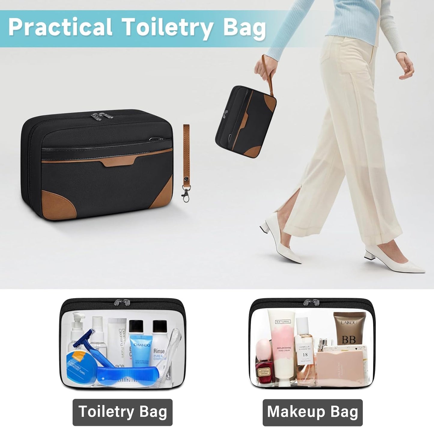 Toiletry Bag for Men Women Waterproof Toiletry Bags Portable Travel Toiletries Bag TSA Approved Cosmetic Makeup Bag Travel Organizer Storage for Accessories(with Removable Handle),Black