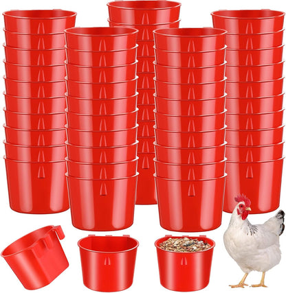 Sumind 60 Pieces Cage Cups Birds Hanging Feeders Seed Bowl 8 oz Plastic Chicken Feeder Water Bowl Hanging Chicken Waterer Feeding Watering Dish Coop Cups for Gamefowl Parrot Parakeet Poultry(Red)
