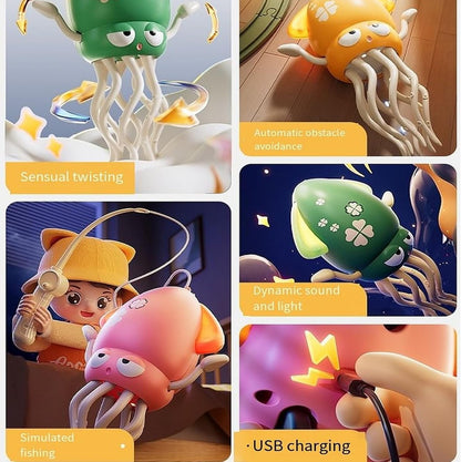 Electric Auto-Avoid Octopus, Electric Crawling Octopus Toy, Stress Relief Gift, with LED & Music, for Kids Indoor Play, Sensory & Motor Skill Development (Yellow)