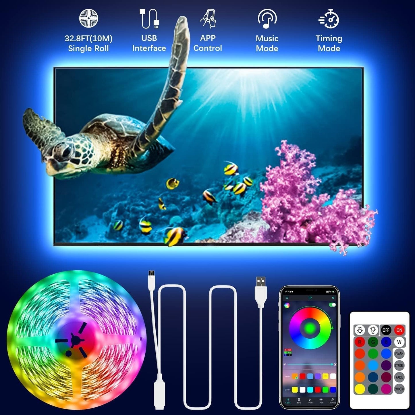 Cozylady 10M USB Led Light, 32.8ft Smart Bluetooth RGB Light with APP Control, Timer Setting, Music Mode, Led Light Strip for Decoration, Bedroom, PC,Cabinet