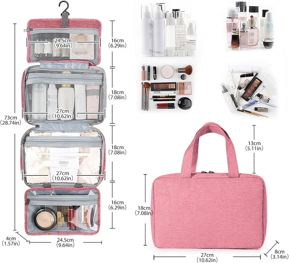 Hanging Toiletry Bag, Waterproof Wash Bag for Makeup Large Capacity Travel Makeup Bag Compact with Hook, Portable Makeup Traveling Organizer for Women Outdoor Camping Travel (1, Pink)