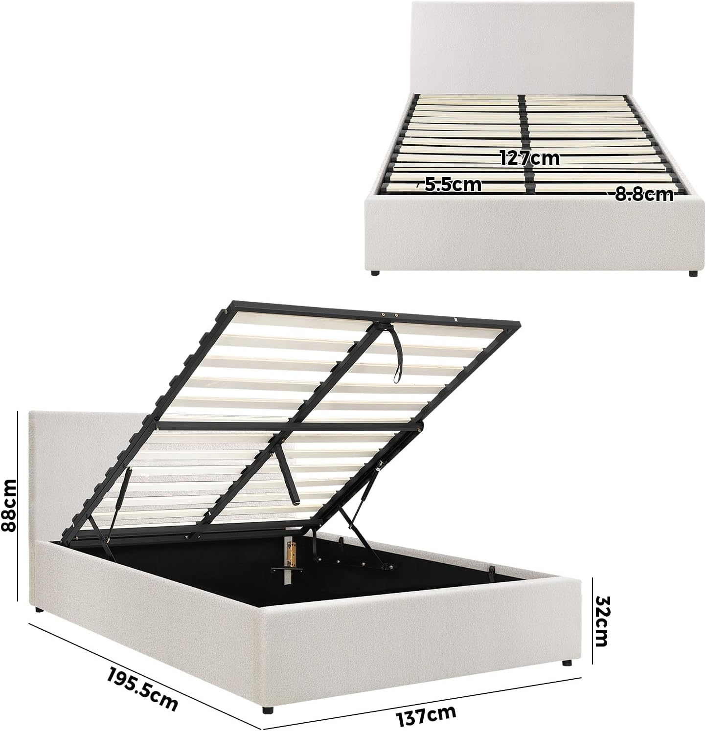Oikiture Bed Frame Doubel Size Gas Lift Storage Base Boucle Fabric Material White