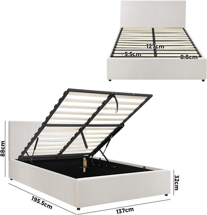 Oikiture Bed Frame Doubel Size Gas Lift Storage Base Boucle Fabric Material White