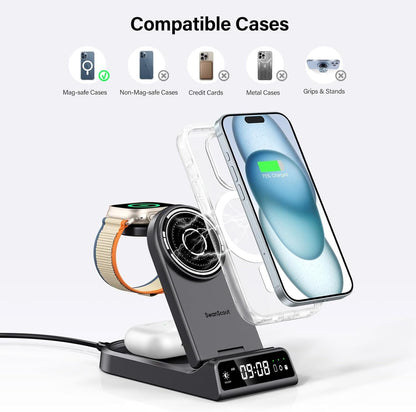 SwanScout Magnetic Wireless Charger, 4 in 1 Mag-Safe Wireless Charging Staiton for iPhone 16/15/14/13/12 Series, Portable Foldable Charger Stand for Apple Watch 10/9/8/7/6/SE/5/4 (No Adapter)