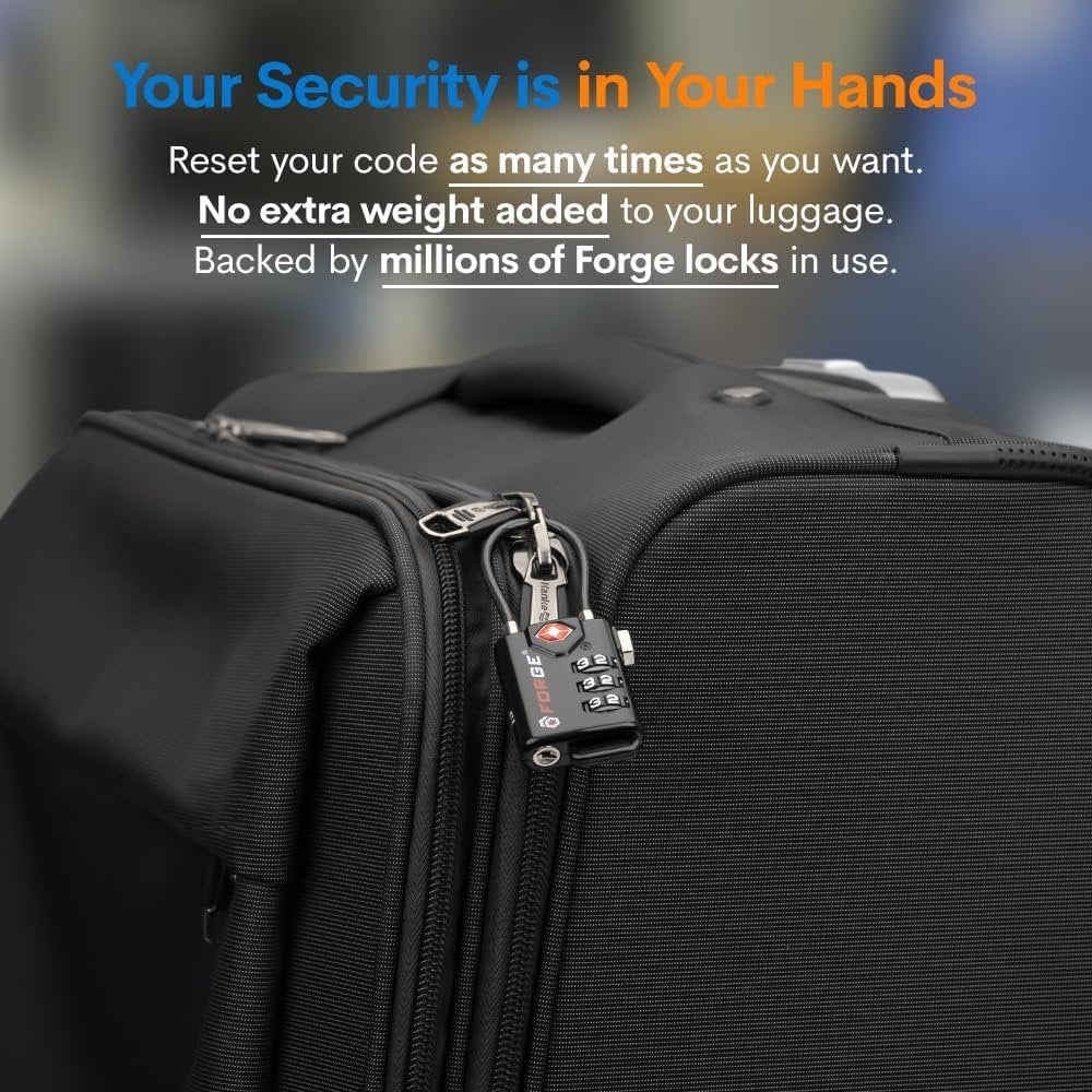 Forge TSA Approved Cable Luggage Locks - Black - Easy Read Dials with Alloy Body