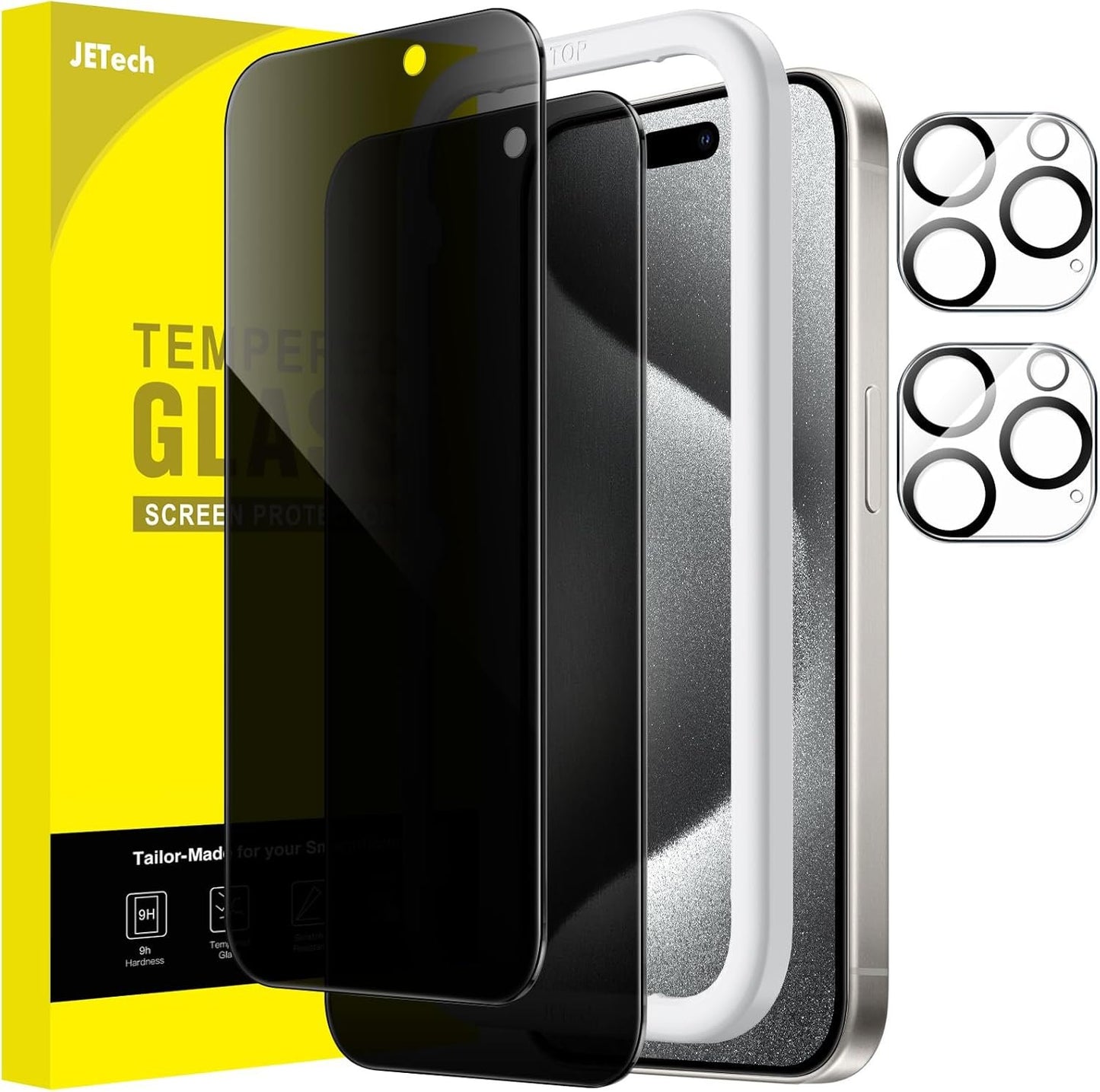 JETech Privacy Screen Protector for iPhone 15 Pro 6.1-Inch with Camera Lens Protector, Anti-Spy Tempered Glass Film, Easy Installation Tool, 2-Pack Each