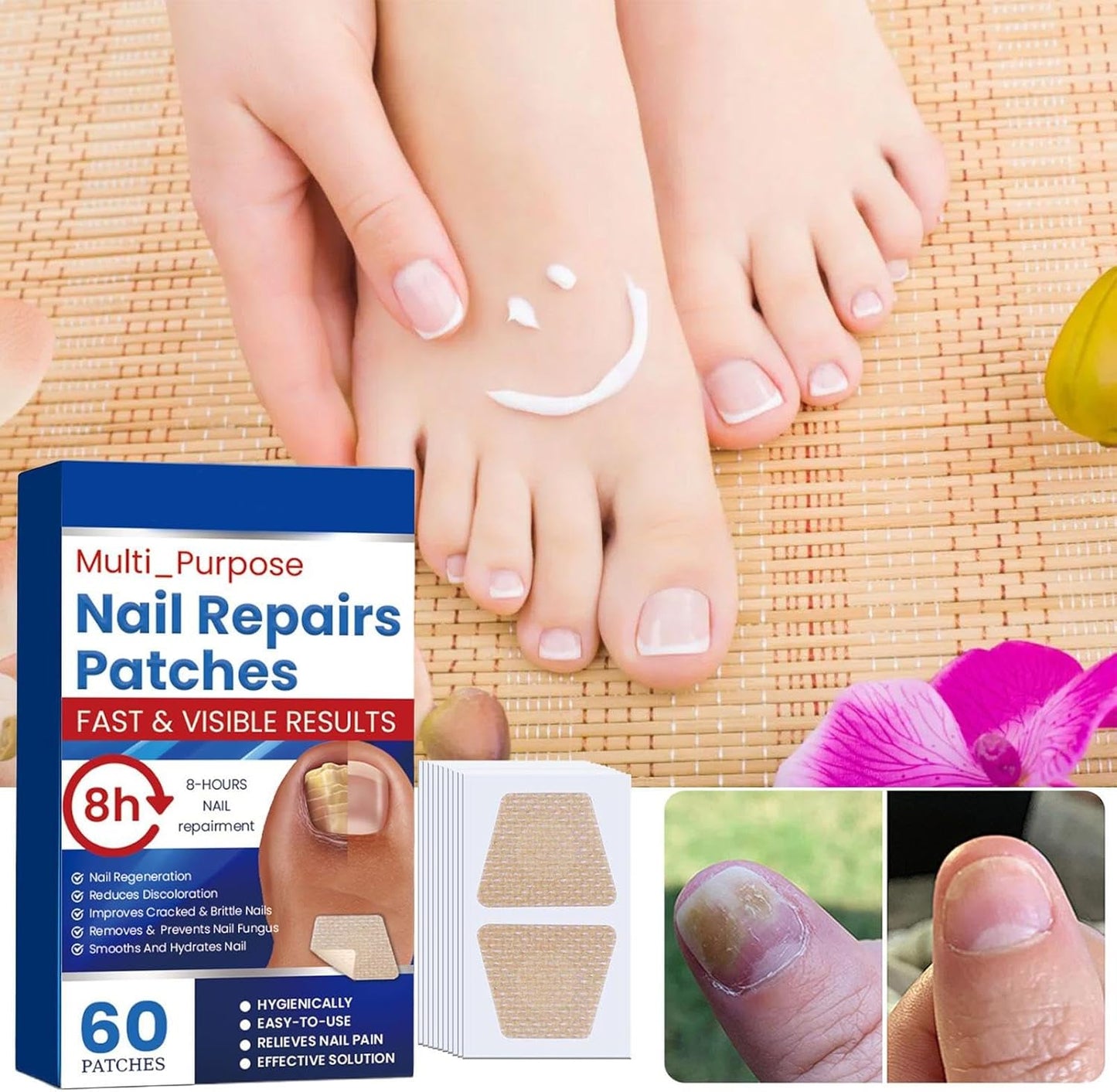 Nail Repair Patches, 60 Pieces Long-Lasting Nails Care Patch, 20g Breathable Toenail Sticker, Ideal for Recovery Restoration, Home, Travel, Adults, Professional, Beginners