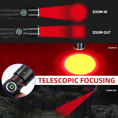 DARKDAWN Red Light Torch, LED Red Light Tactical Hunting Torch with Rechargeable USB, Portable Torch with Pocket Clip, Focus Adjustable, for Hunting Detector Astrophotography